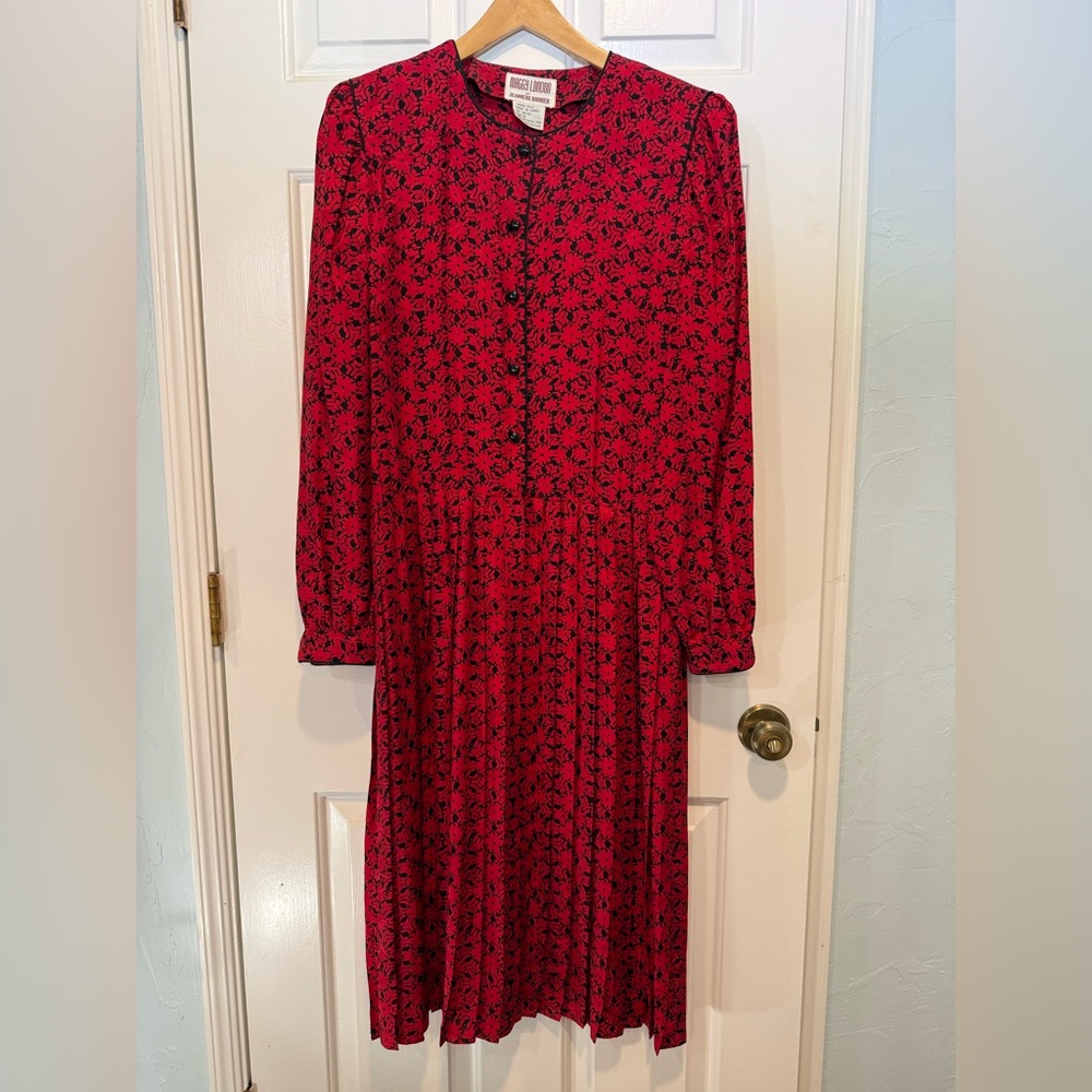 Red silk dress VTG Maggy London by Jeannine Booher 100% silk pleated‎ 1980 L 10